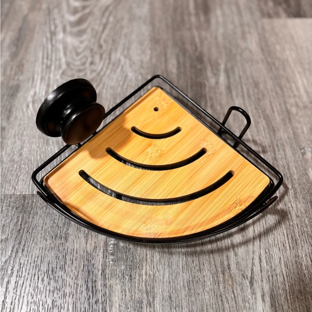 Bamboo and Black Metal Wall Shelf